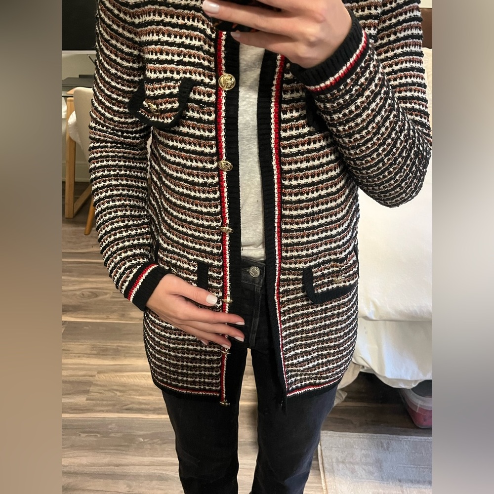 Mango tweed red black and white cardigan with gold buttons
